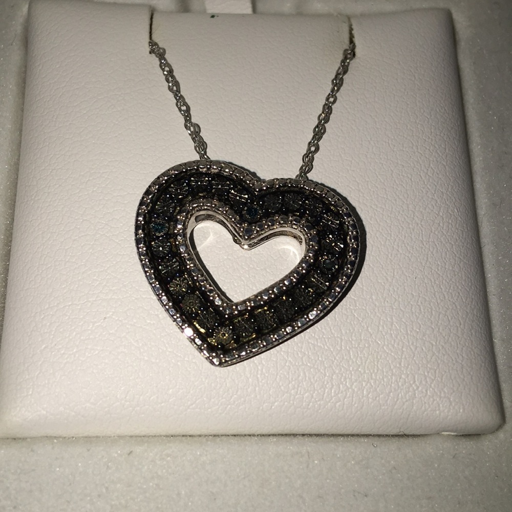 Azure Sterling Silver Blue White Diamond Heart Pendant Necklace